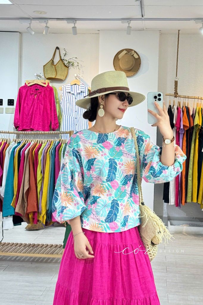 Áo tay phồng nút lưng Linen hàn Cói Design