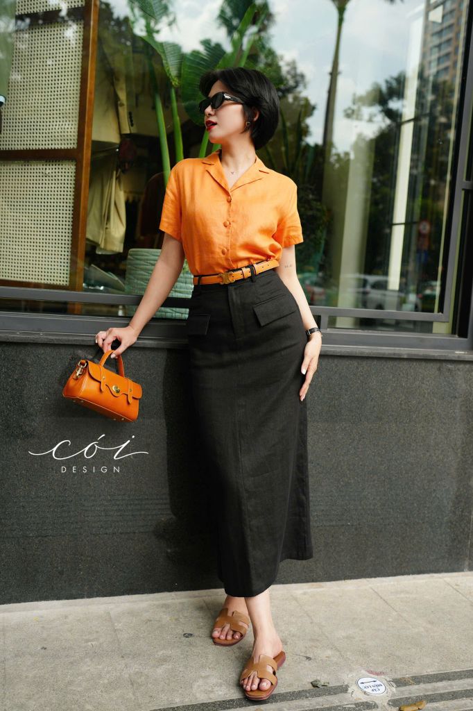 Chân váy 2 nắp túi Linen tưng premium Cói Design