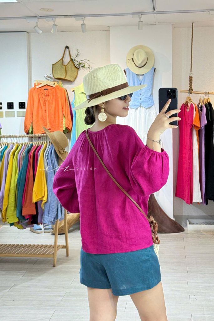 Áo Thêu hoa tay phồng cổ xếp nhún linen tưng premium Cói Design