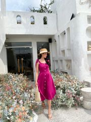 Đầm xòe 2 dây nút bọc Linen tưng premium Cói Design