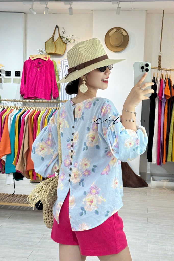 Áo tay phồng nút lưng linen hàn Cói Design