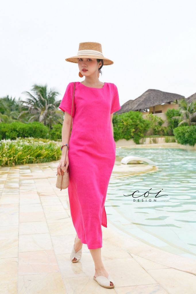 Đầm suông cổ tròn đan dây lưng Linen tưng premium Cói Design