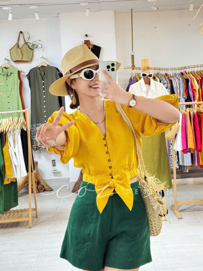 Áo croptop tay bí phối dây linen Cói Design