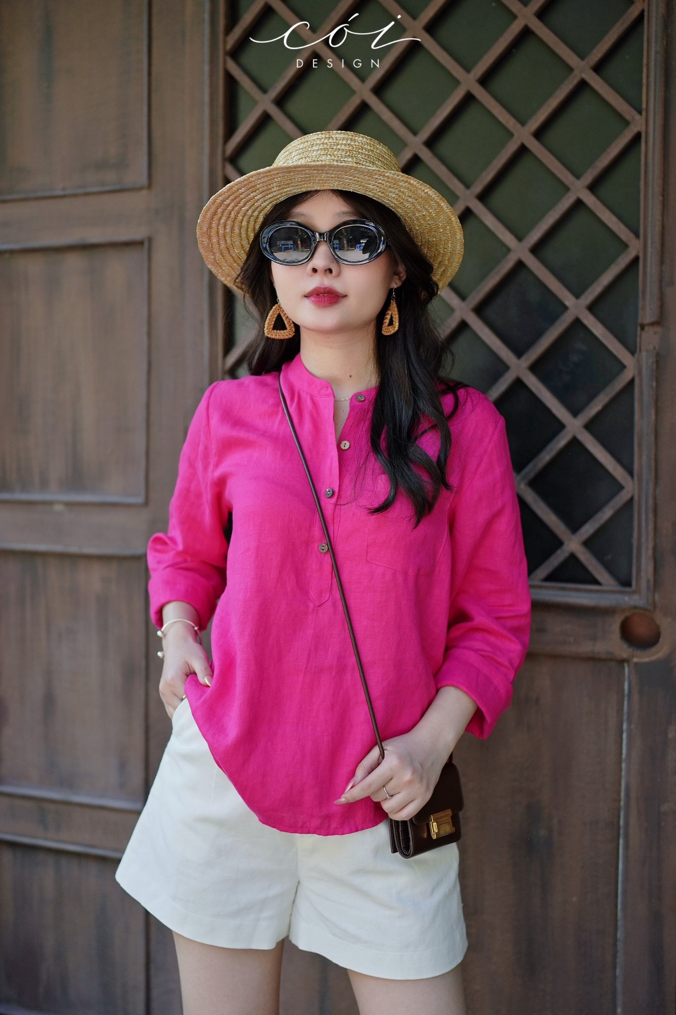 Áo cổ trụ lệch vạt tay dài Linen tưng premium Cói Design