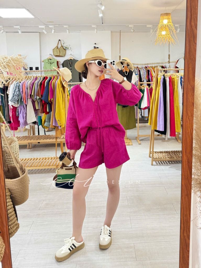Quần short xếp ly lưng thun linen tưng premium Cói Design