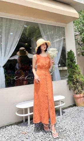 Đầm linen nút bọc sát nách Cói Design