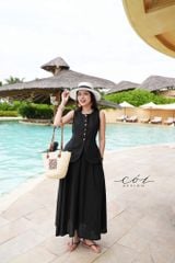 Áo gile vạt tròn 2 túi linen tưng premium Cói Design