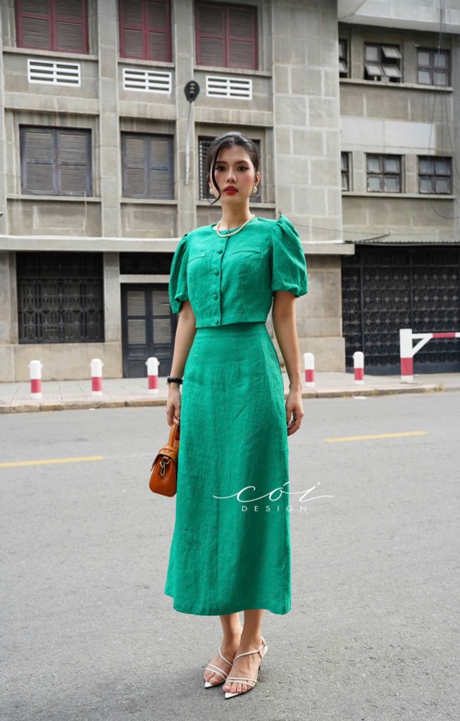 Set chân váy croptop nút bọc Linen tưng premium Cói Design