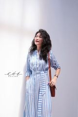 Đầm cổ trụ tay dài kèm belt Linen Hàn Cói Design