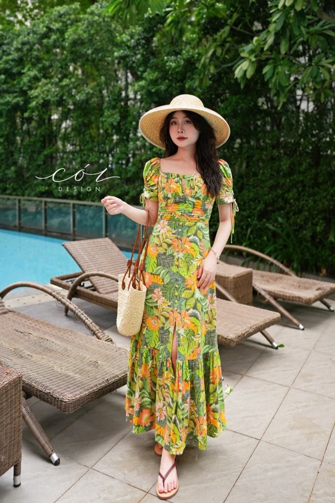 Đầm nhún ngực xẻ tà linen hàn Cói Design
