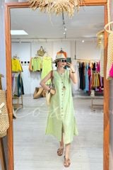 Đầm xẻ tà nút bọc màu Linen tưng Cói Design