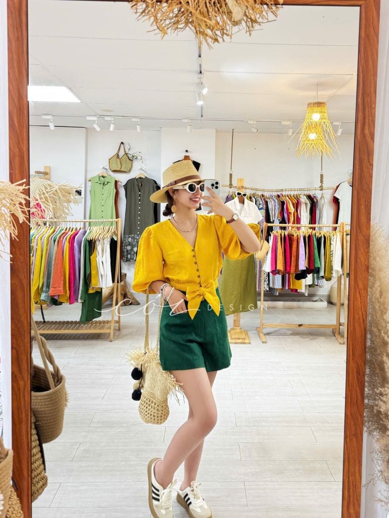 Áo croptop tay bí phối dây linen Cói Design
