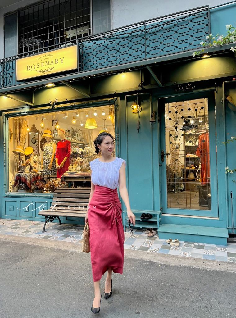 Chân váy rút dây linen tưng premium Cói Design