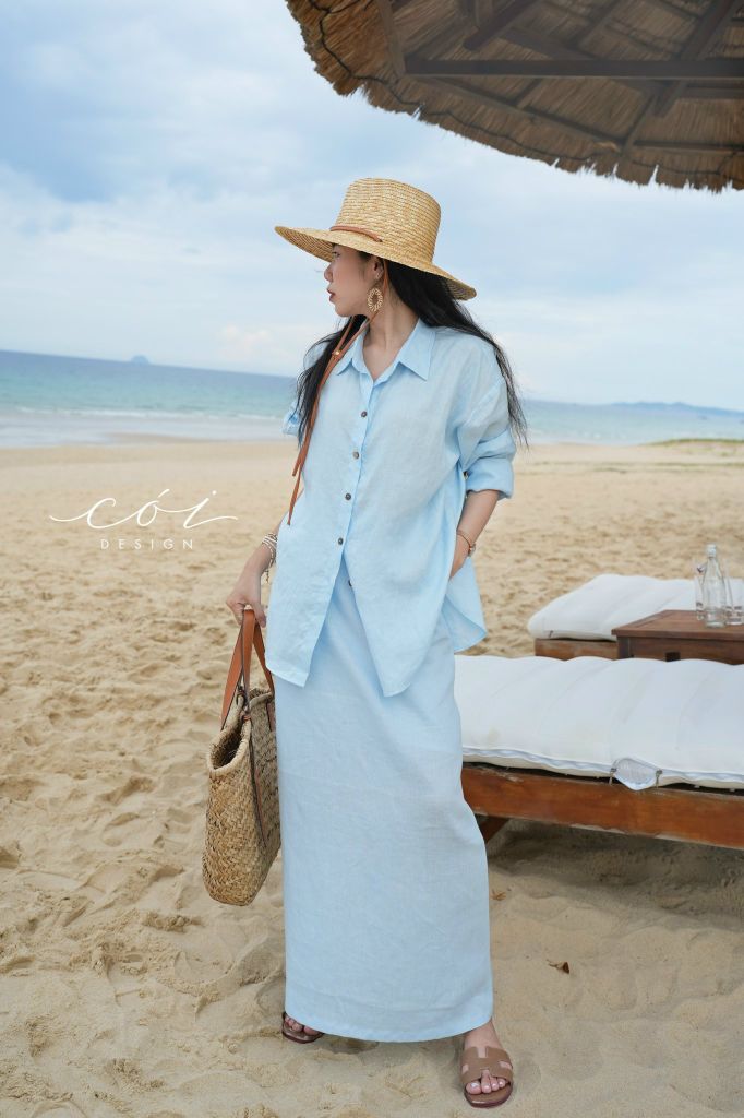 Chân váy suông xẻ tà linen tưng premium Cói Design