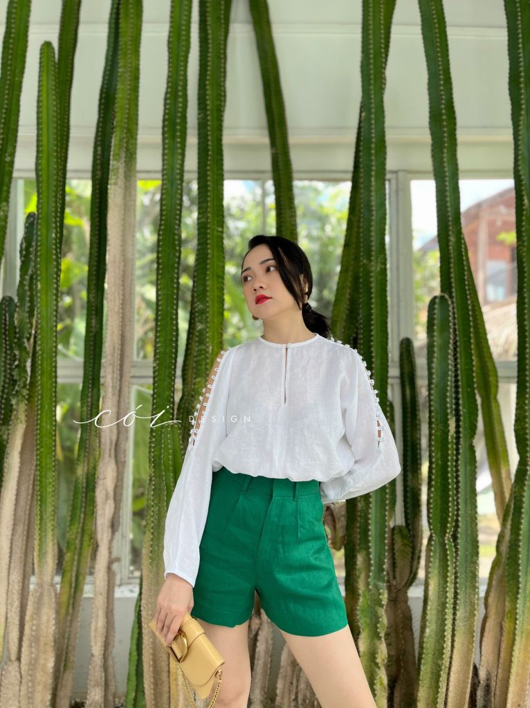 Áo nút bọc xẻ vai linen tưng premium Cói Design