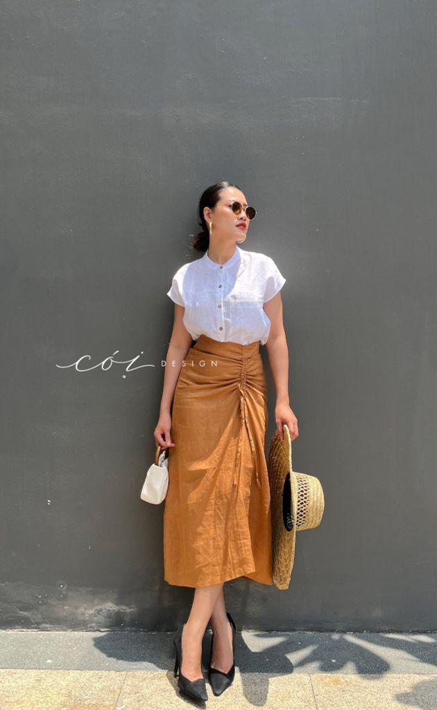 Chân váy rút dây linen tưng premium Cói Design