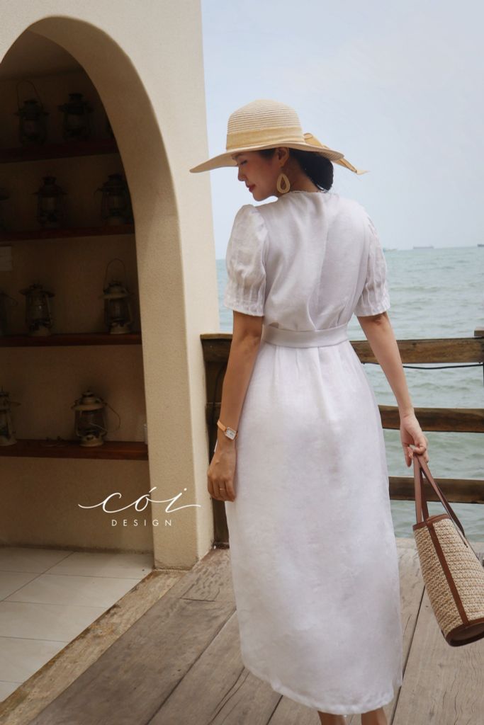 Đầm suông tay xếp nhún kèm belt linen tưng Cói Design