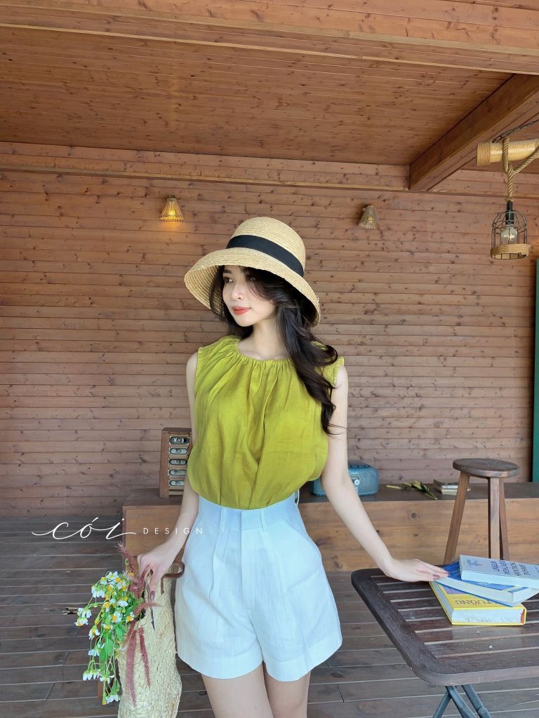 Áo cổ xếp nhún sát nách linen Cói Design