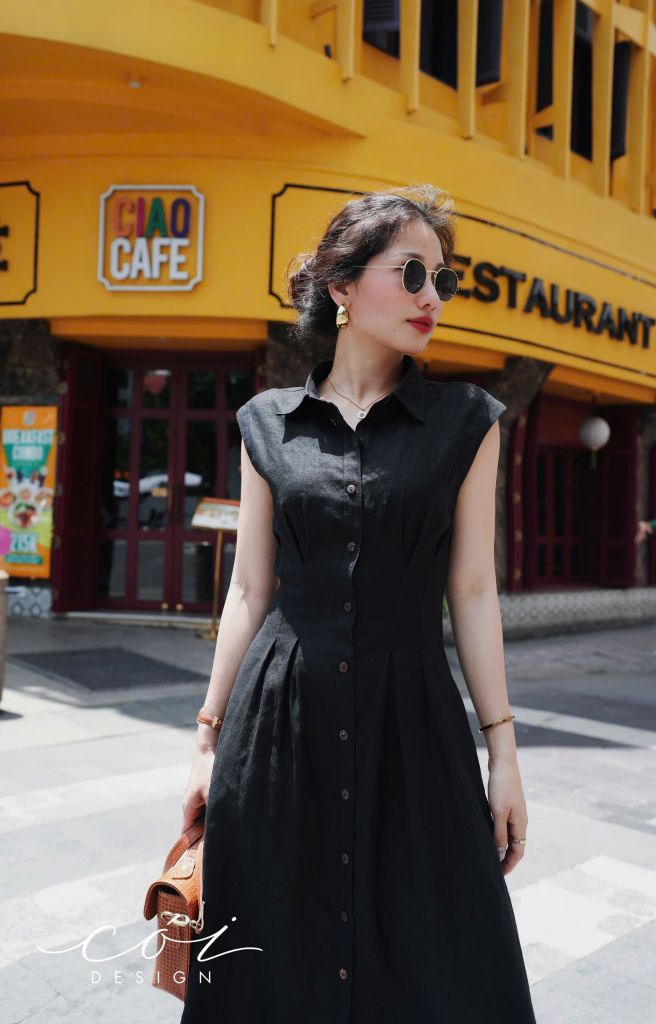 Đầm sơ mi xếp ly eo linen tưng premium Cói Design