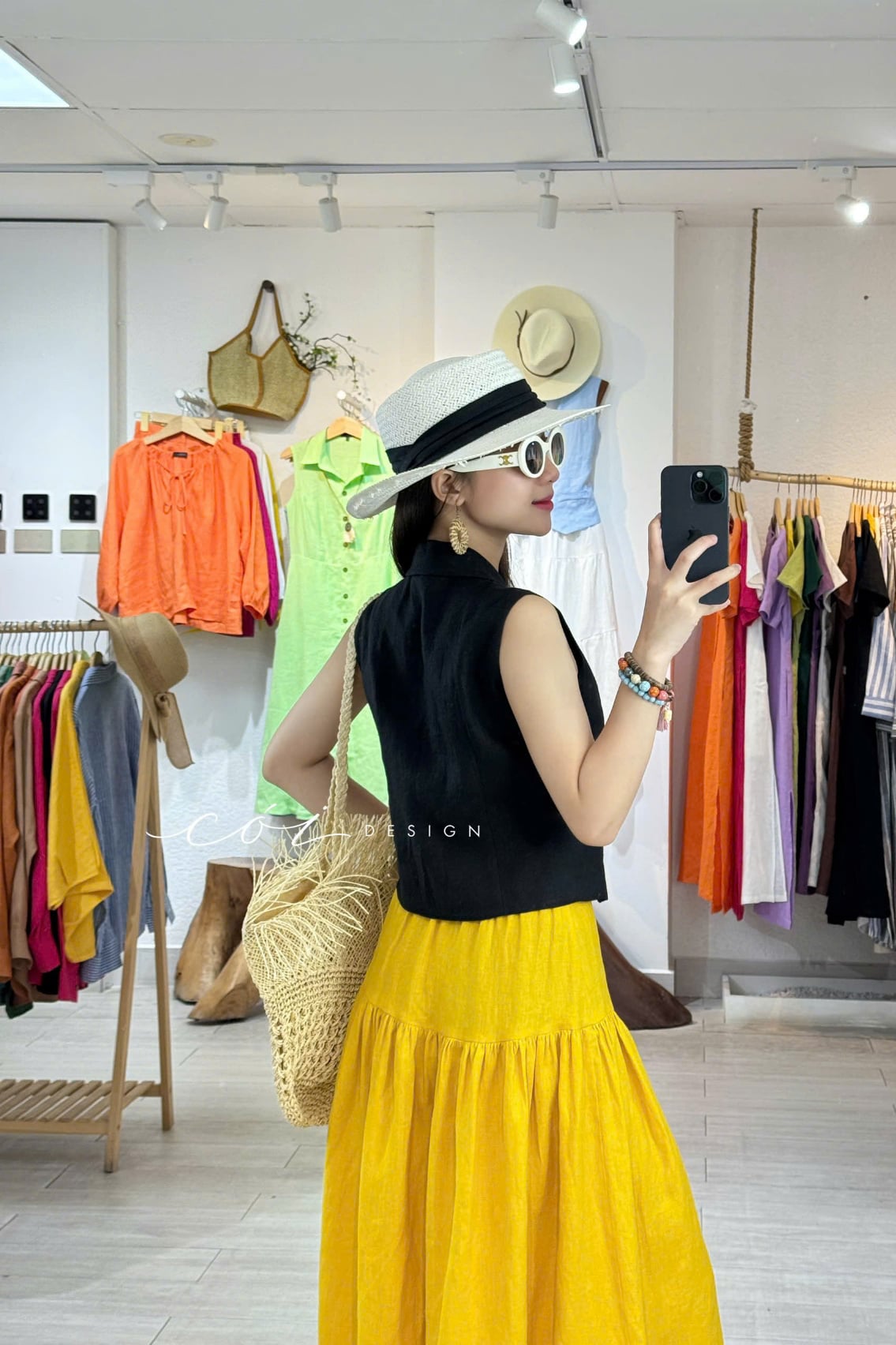 Chân váy nút dừa lưng thun linen tưng premium Cói Design