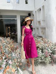 Đầm xòe 2 dây nút bọc Linen tưng premium Cói Design