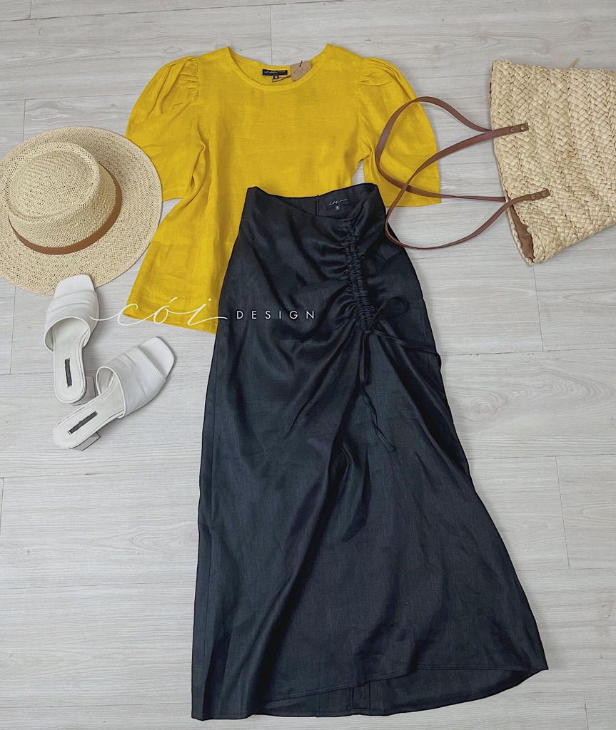 Chân váy rút dây linen tưng premium Cói Design