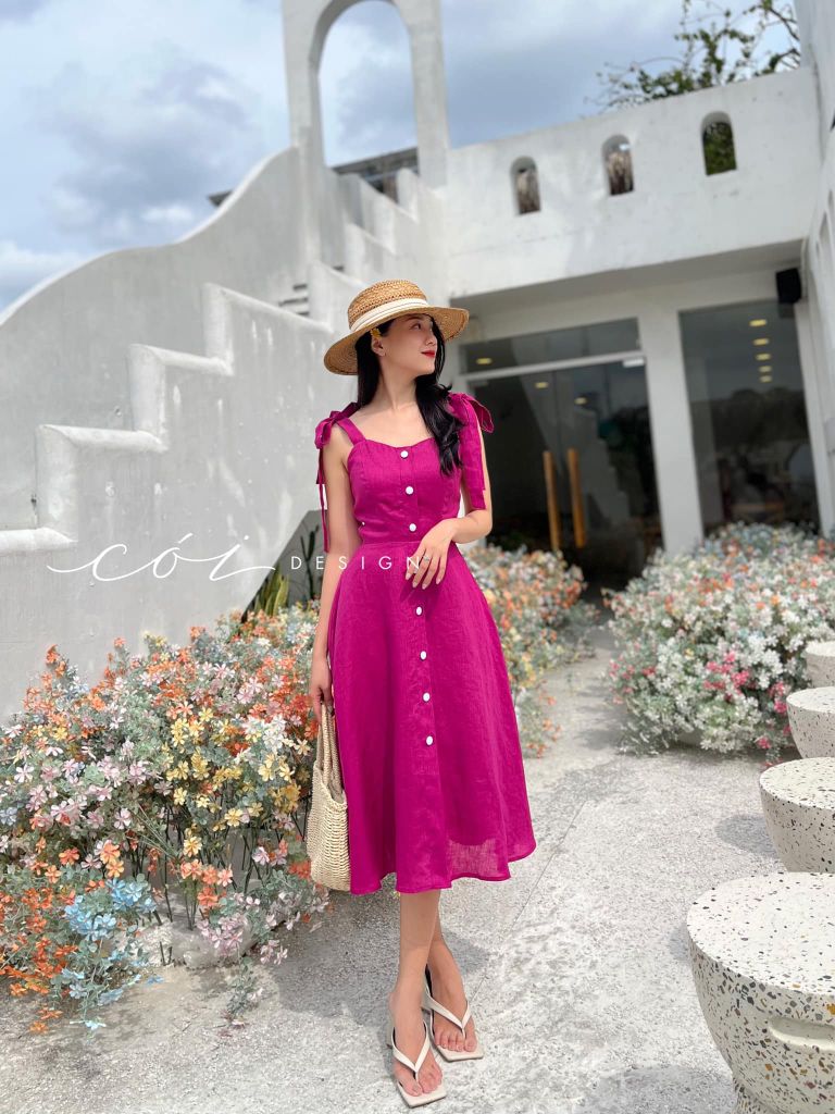 Đầm xòe 2 dây nút bọc Linen tưng premium Cói Design