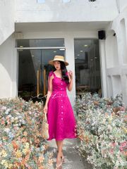 Đầm xòe 2 dây nút bọc Linen tưng premium Cói Design