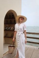 Đầm suông tay xếp nhún kèm belt Linen tưng premium Cói Design