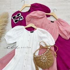Đầm linen nút bọc tay phồng Cói Design