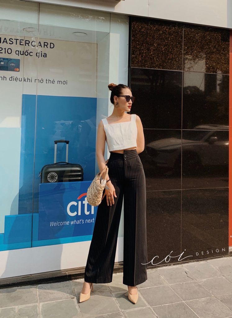 Quần suông sọc lệch đai Cói Design