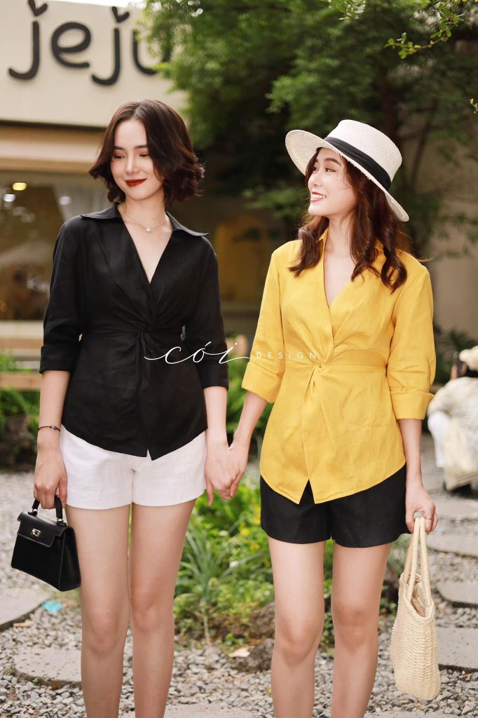 Áo sơ mi xoắn eo Linen tưng premium Cói Design