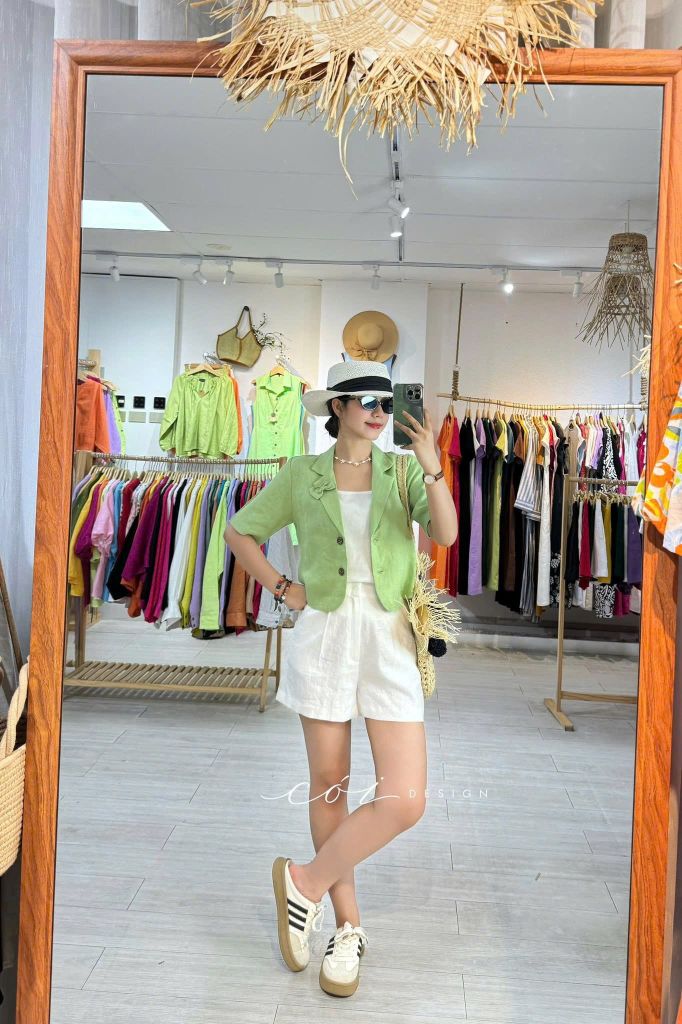 Áo croptop cổ vest thiết kế nơ Linen tưng premium Cói Design