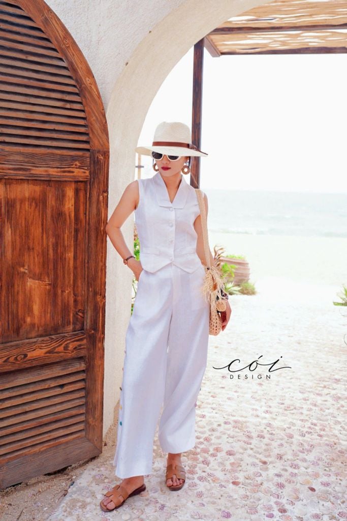 Quần suông nút bọc màu Linen tưng premium Cói Design