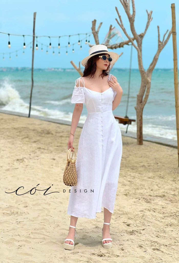 Đầm nút bọc bẹt vai Linen tưng premium Cói Design