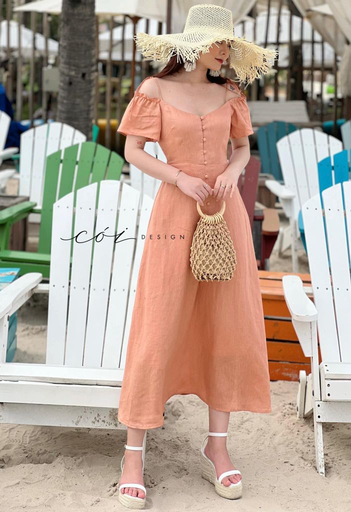 Đầm nút bọc bẹt vai Linen tưng premium Cói Design