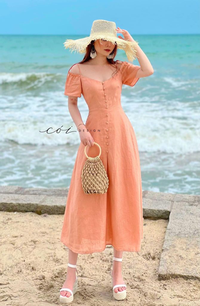 Đầm nút bọc bẹt vai Linen tưng premium Cói Design