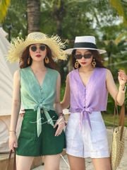 Áo sát nách nút bọc phối dây Linen tưng premium Cói Design