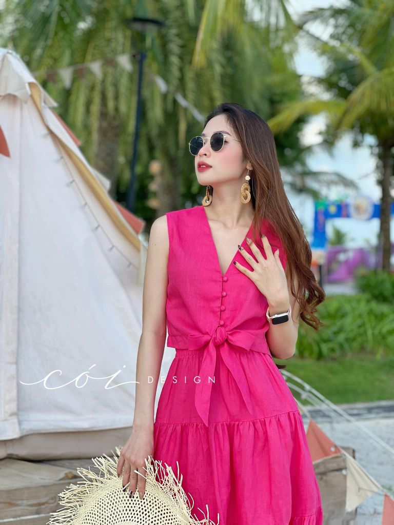 Áo sát nách nút bọc phối dây Linen tưng premium Cói Design