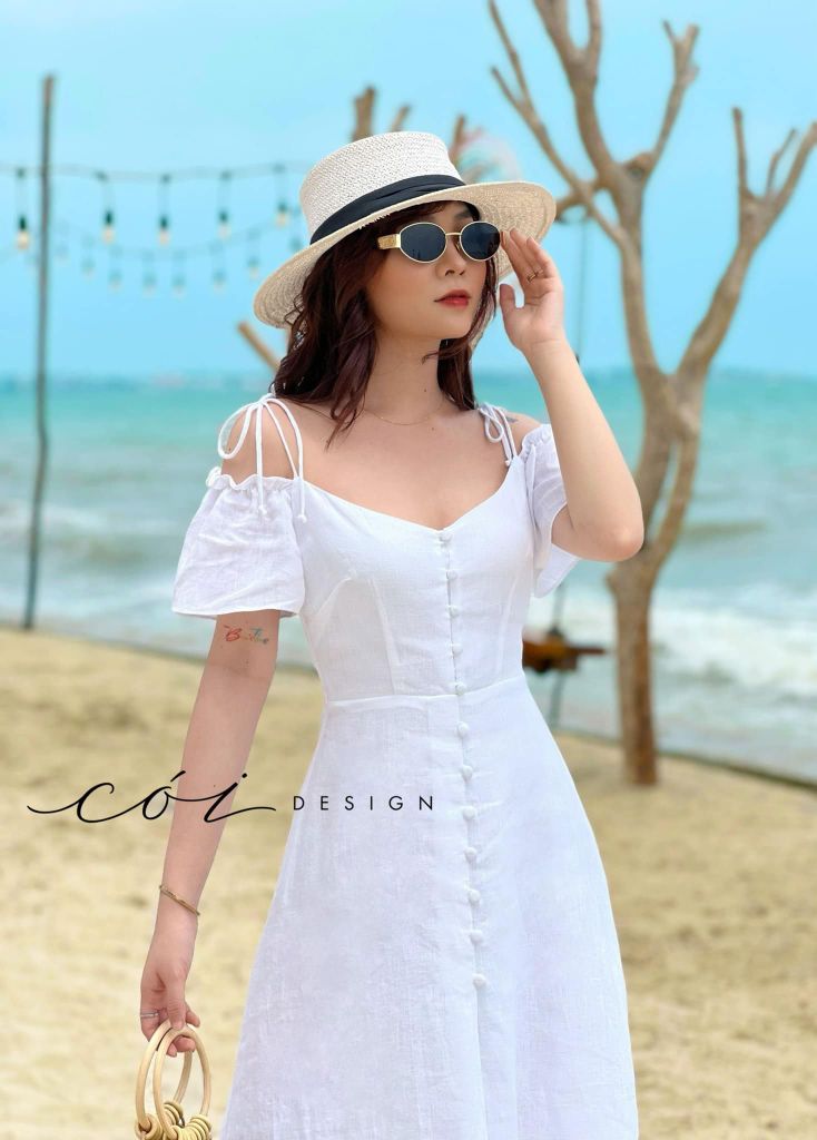 Đầm nút bọc bẹt vai Linen tưng premium Cói Design