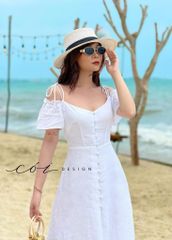 Đầm nút bọc bẹt vai Linen tưng premium Cói Design
