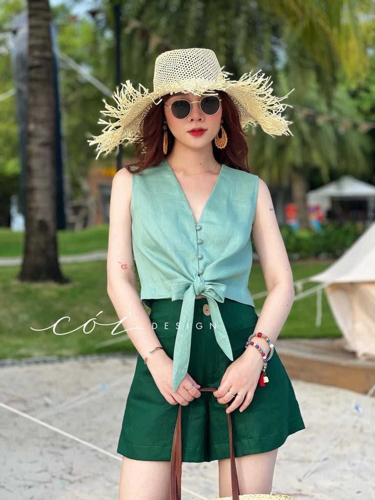 Áo sát nách nút bọc phối dây Linen tưng premium Cói Design