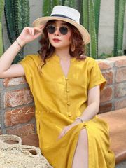 Đầm cổ trụ nút bọc Linen tưng premium Cói Design