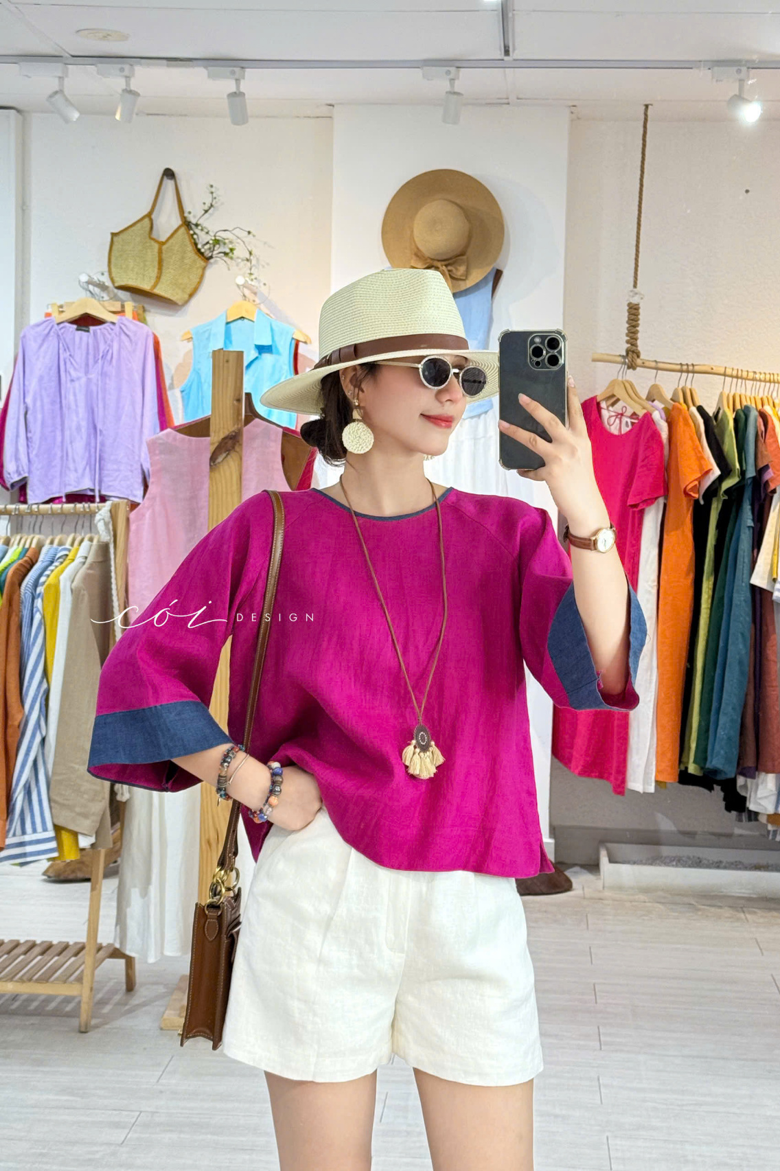 Áo cổ tròn viền tay cổ khác màu linen tưng premium Cói design