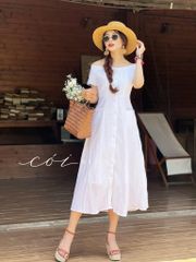 Đầm bẹt vai 2 túi nút bọc Linen tưng premium Cói design
