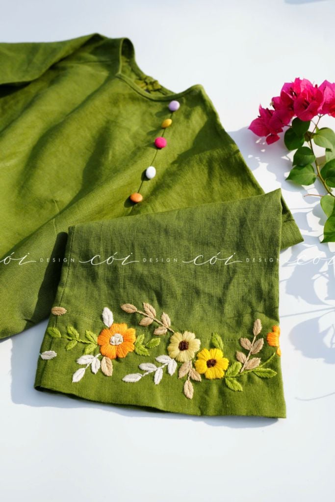 Áo dài thêu tay Song Hoa Linen tưng premium Cói Design