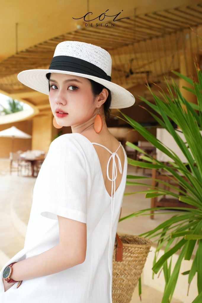 Đầm suông cổ tròn đan dây lưng Linen tưng premium Cói Design