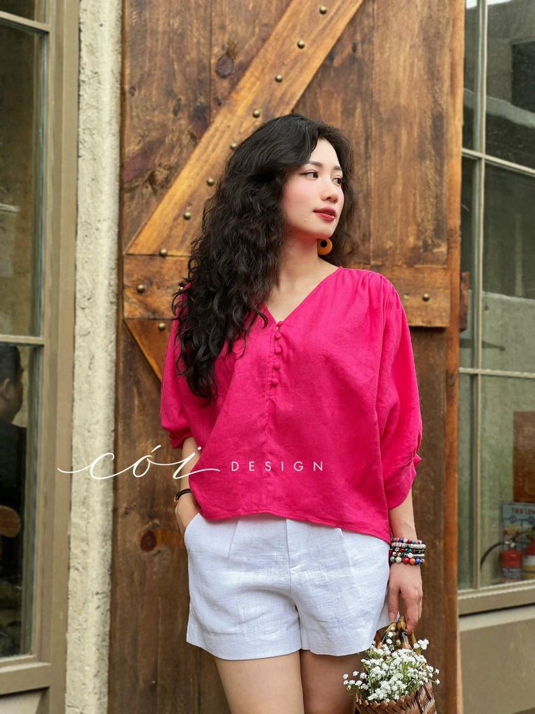 Áo nút bọc cổ V Linen tưng premium Cói Design