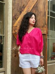 Áo nút bọc cổ V Linen tưng premium Cói Design