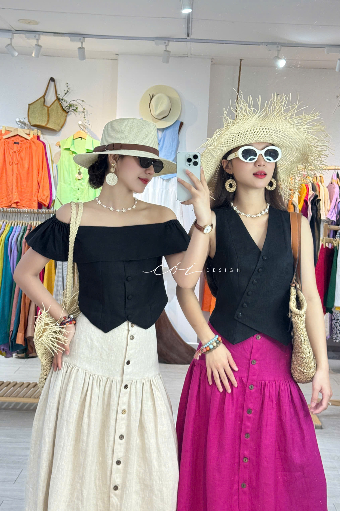 Chân váy nút dừa lưng thun linen tưng premium Cói Design